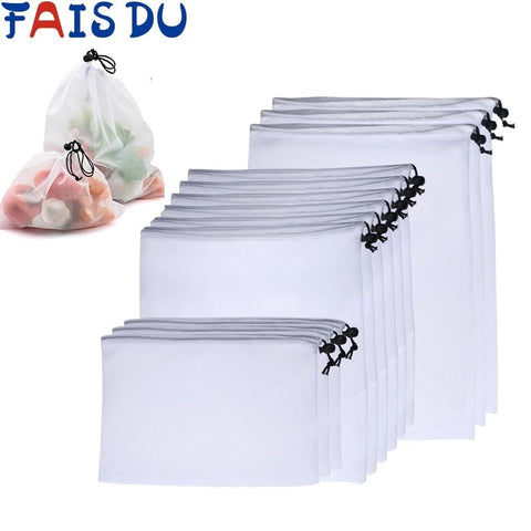 12pcs Reusable Rope Mesh Produce Bags Washable